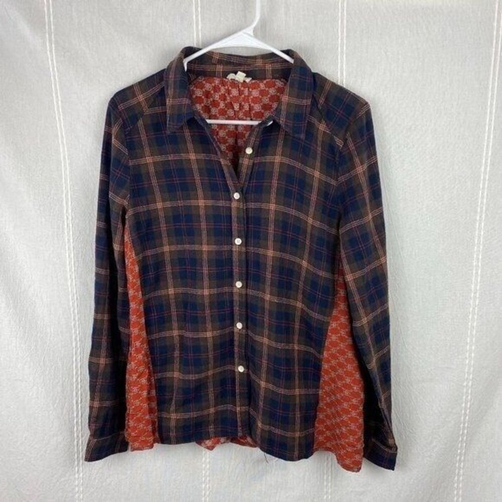 Hem & Thread Flannel Plaid Floral Button Down Shirt Brown Orange Checkered M